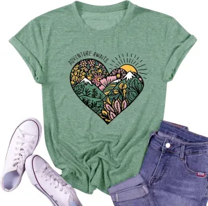 Womens T Shirts Adventure Awaits Mountain Sunrise Flower Heart Printed Shirt Boho Floral Wildflowers Graphic Funny Tee Tops
