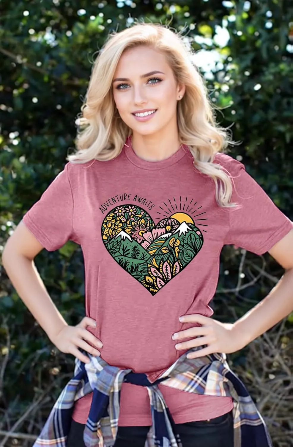 Womens T Shirts Adventure Awaits Mountain Sunrise Flower Heart Printed Shirt Boho Floral Wildflowers Graphic Funny Tee Tops