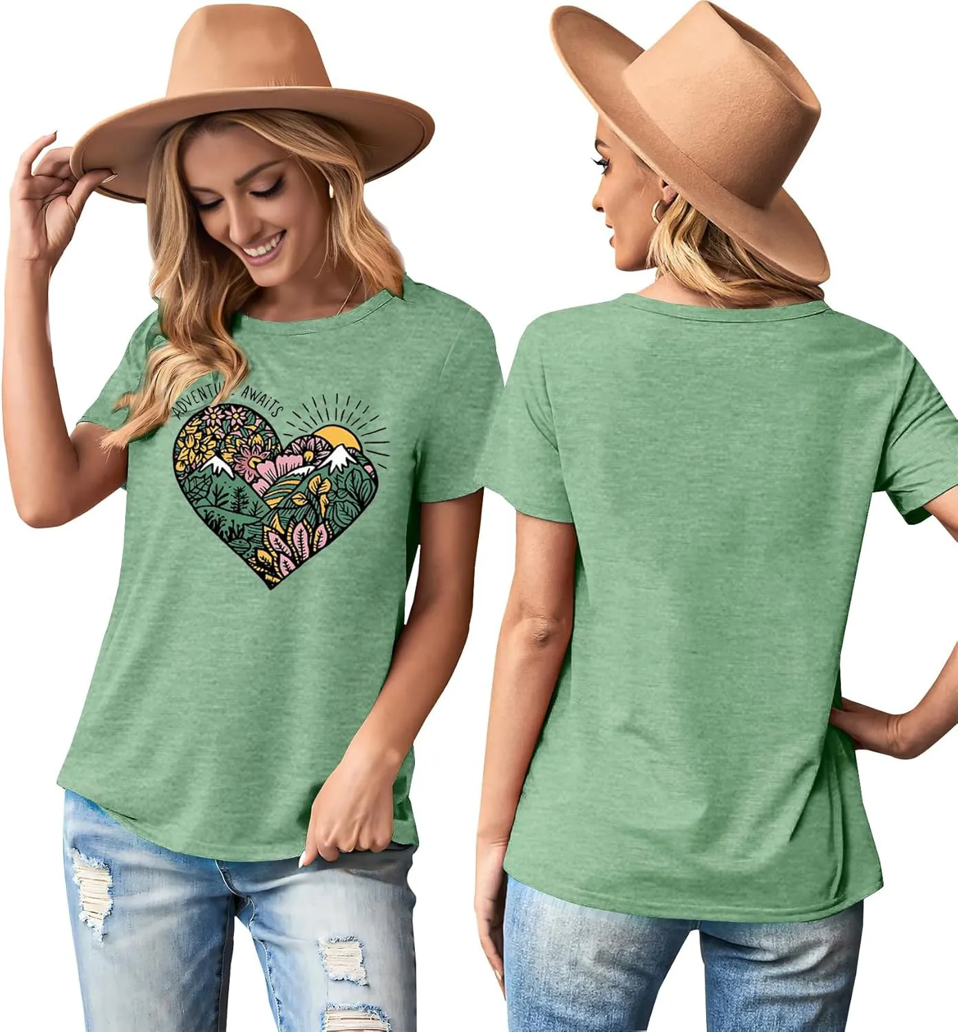 Womens T Shirts Adventure Awaits Mountain Sunrise Flower Heart Printed Shirt Boho Floral Wildflowers Graphic Funny Tee Tops