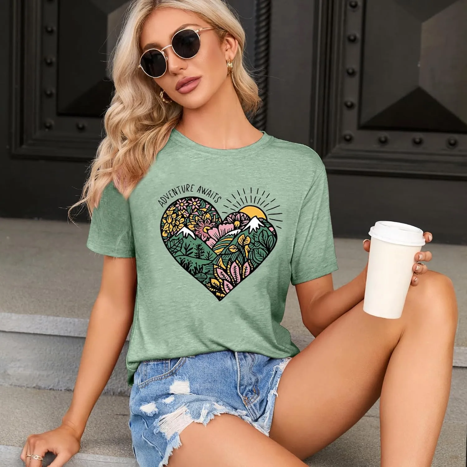 Womens T Shirts Adventure Awaits Mountain Sunrise Flower Heart Printed Shirt Boho Floral Wildflowers Graphic Funny Tee Tops