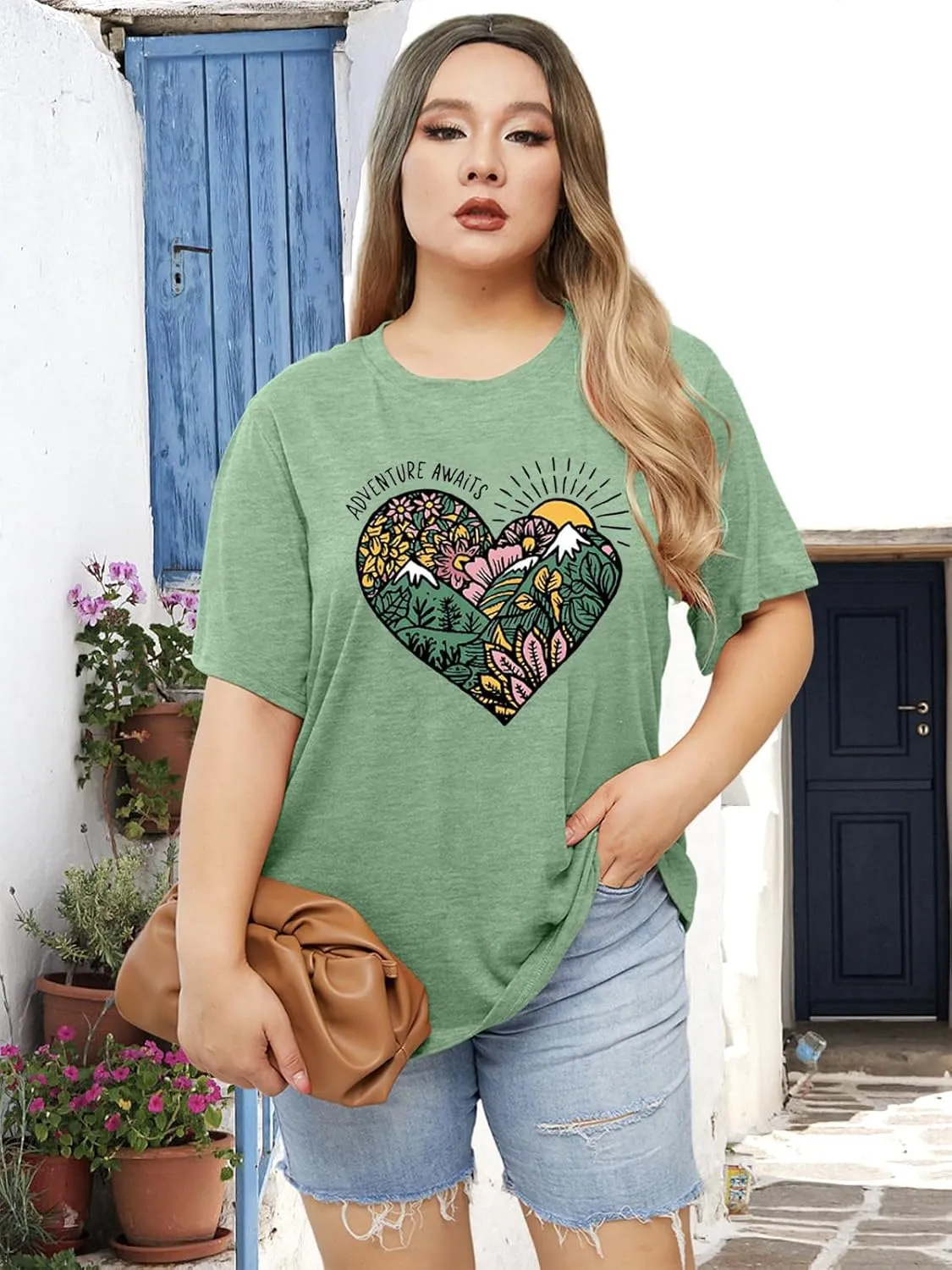 Womens T Shirts Adventure Awaits Mountain Sunrise Flower Heart Printed Shirt Boho Floral Wildflowers Graphic Funny Tee Tops