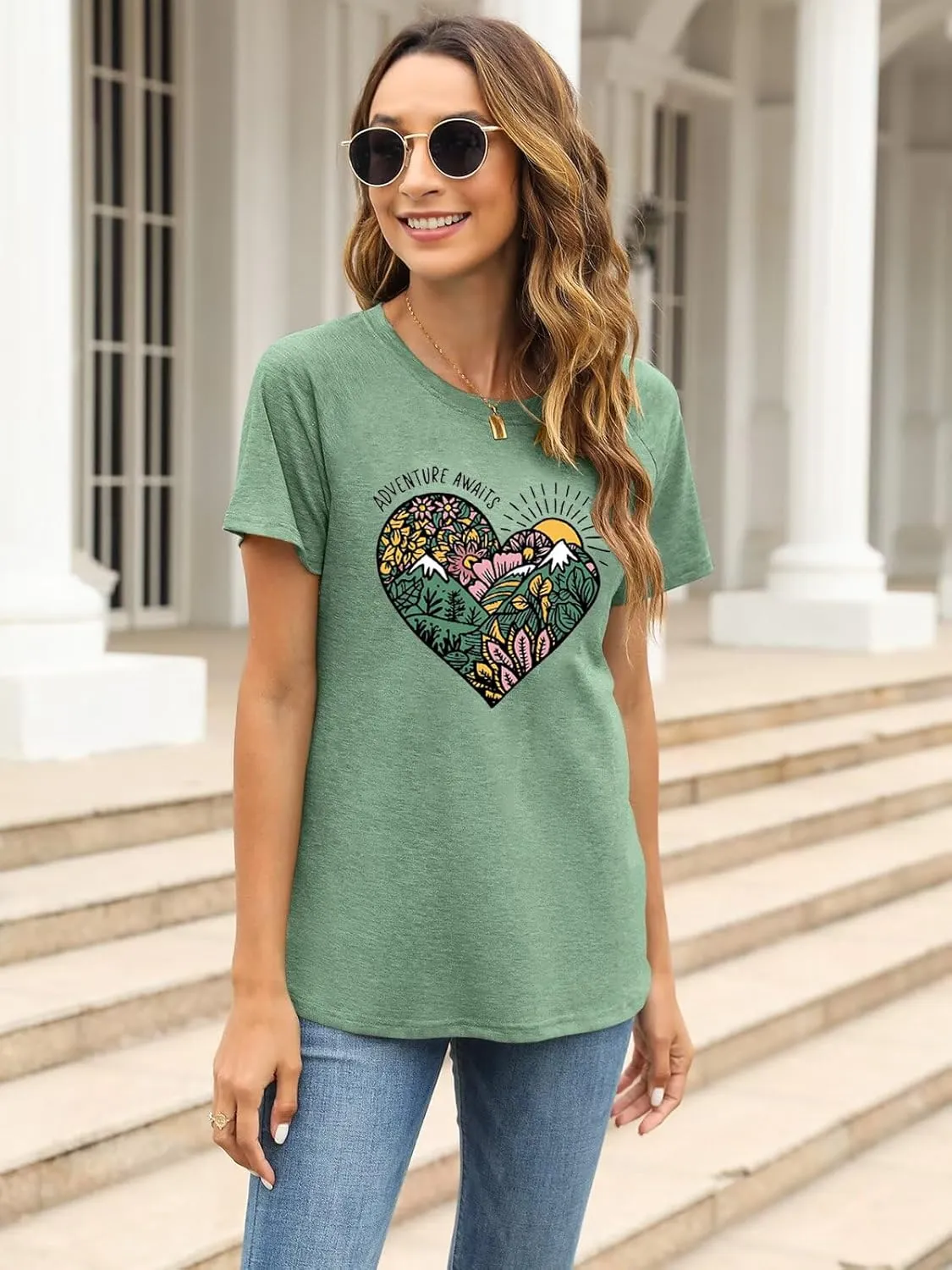 Womens T Shirts Adventure Awaits Mountain Sunrise Flower Heart Printed Shirt Boho Floral Wildflowers Graphic Funny Tee Tops