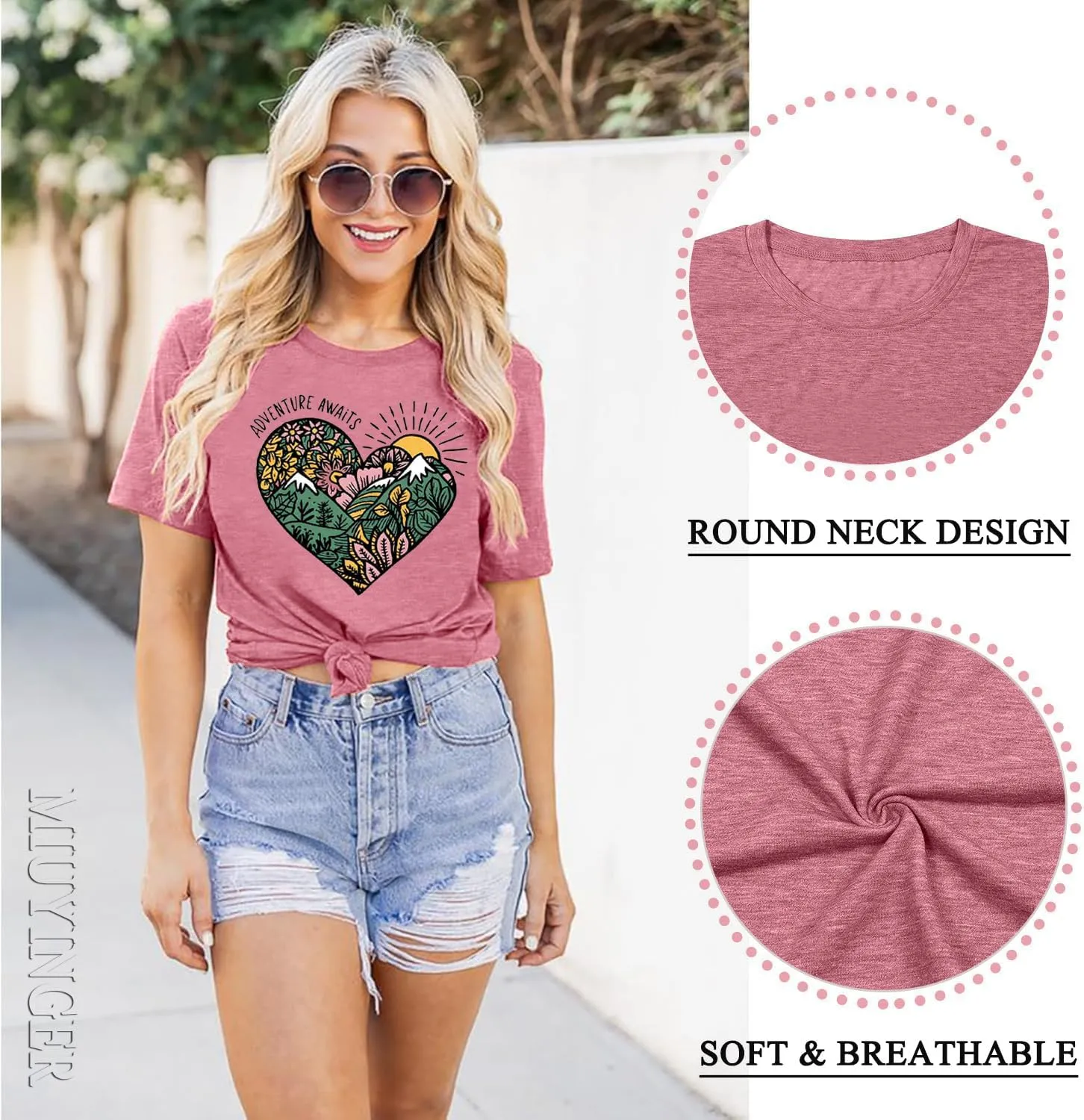 Womens T Shirts Adventure Awaits Mountain Sunrise Flower Heart Printed Shirt Boho Floral Wildflowers Graphic Funny Tee Tops
