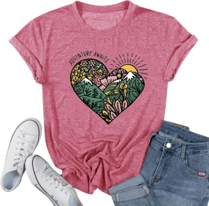 Womens T Shirts Adventure Awaits Mountain Sunrise Flower Heart Printed Shirt Boho Floral Wildflowers Graphic Funny Tee Tops