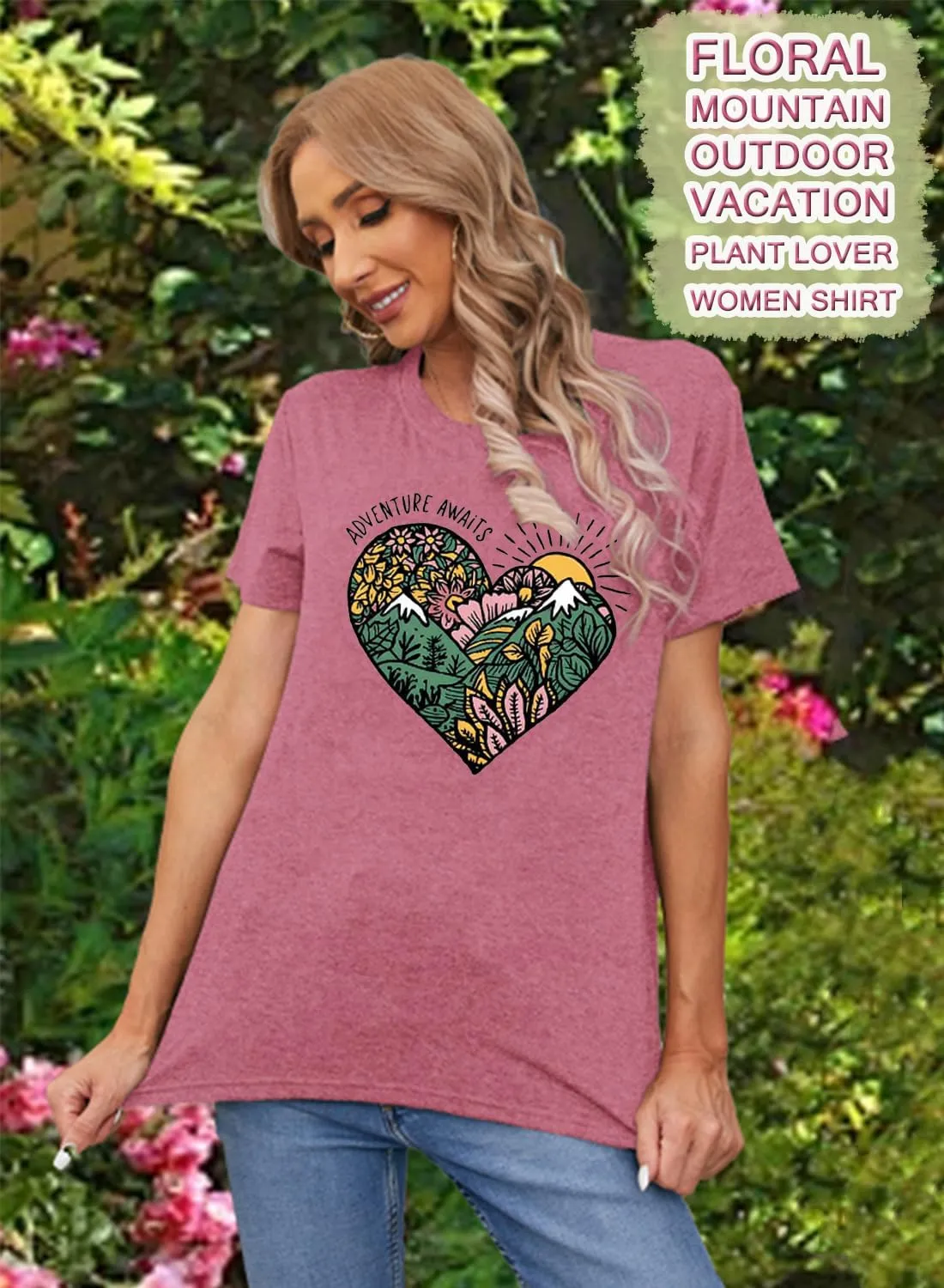 Womens T Shirts Adventure Awaits Mountain Sunrise Flower Heart Printed Shirt Boho Floral Wildflowers Graphic Funny Tee Tops