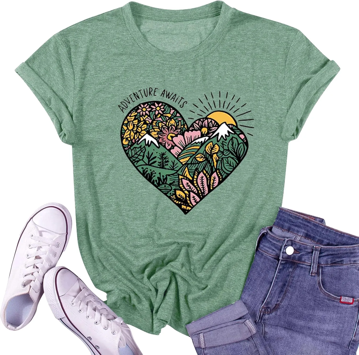 Womens T Shirts Adventure Awaits Mountain Sunrise Flower Heart Printed Shirt Boho Floral Wildflowers Graphic Funny Tee Tops
