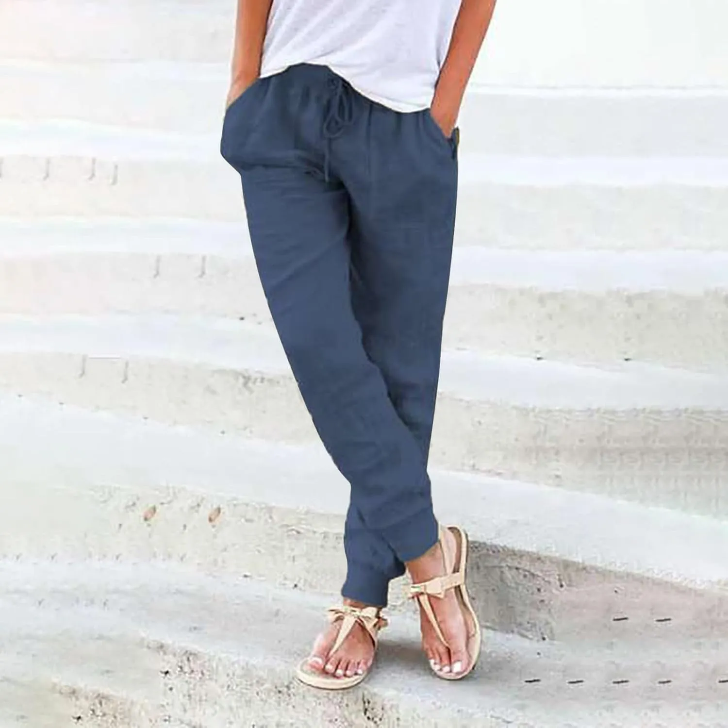 Womens Tapered Pants Cotton Linen Drawstring Back Elastic Waist Pants Lightweight Casual Trousers with Pockets