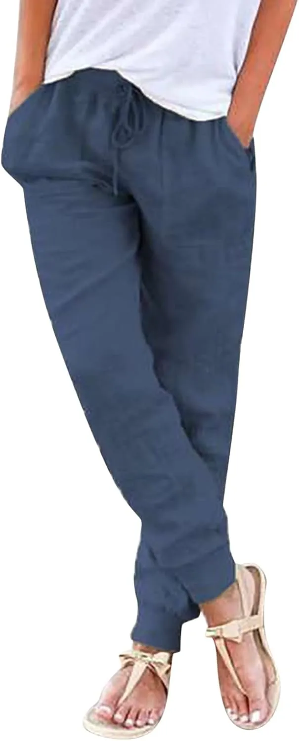 Womens Tapered Pants Cotton Linen Drawstring Back Elastic Waist Pants Lightweight Casual Trousers with Pockets