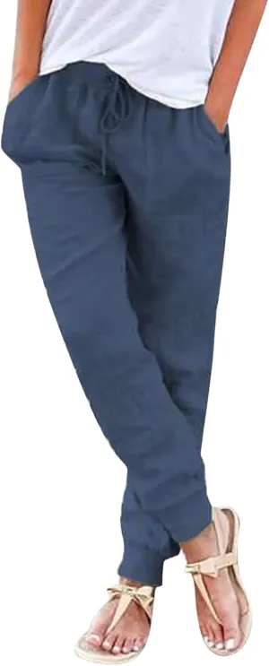 Womens Tapered Pants Cotton Linen Drawstring Back Elastic Waist Pants Lightweight Casual Trousers with Pockets