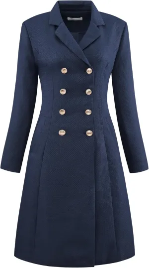 Women's Tweed Blazer Dress Collared Double Breasted A-Line Formal Work Dresses