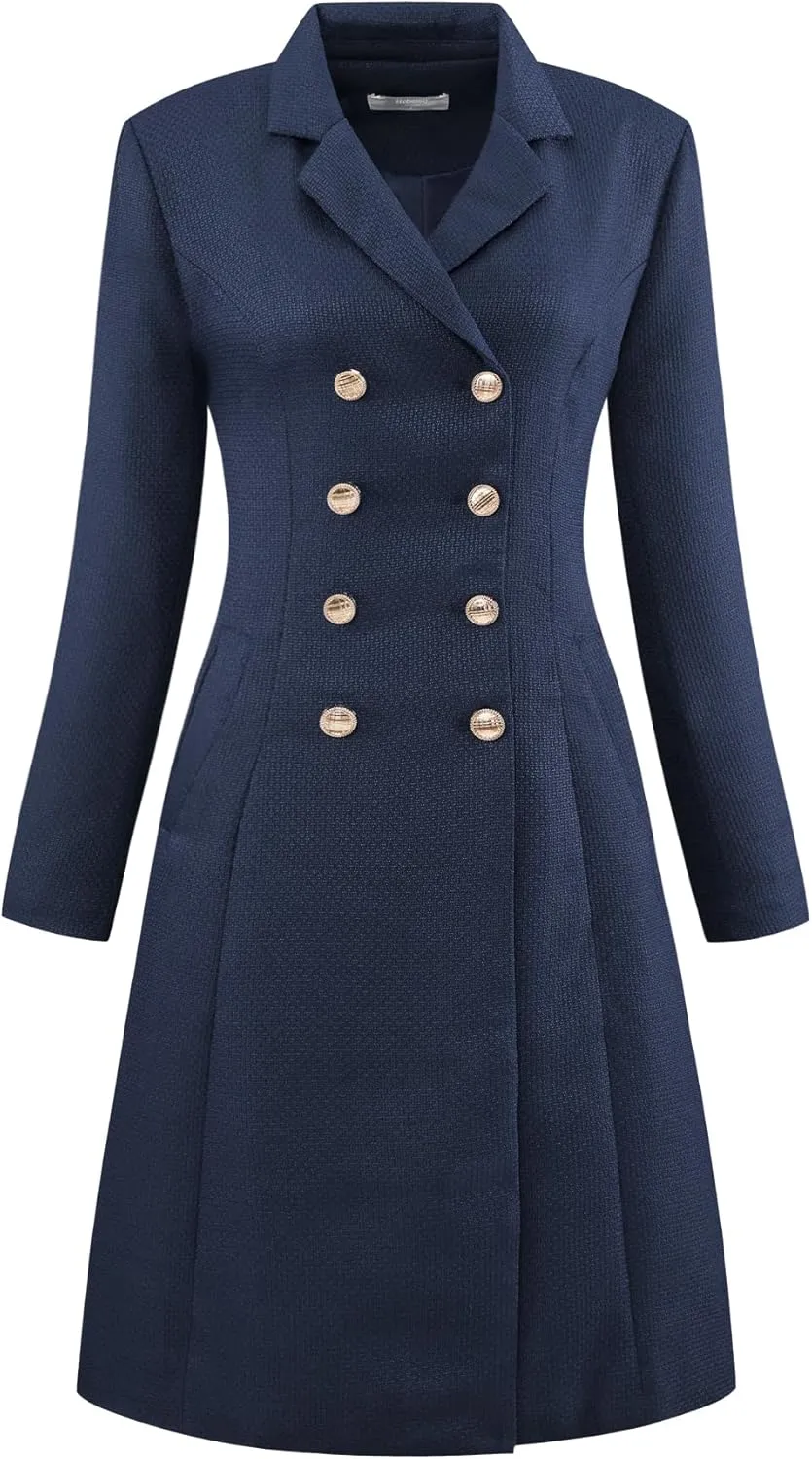 Women's Tweed Blazer Dress Collared Double Breasted A-Line Formal Work Dresses