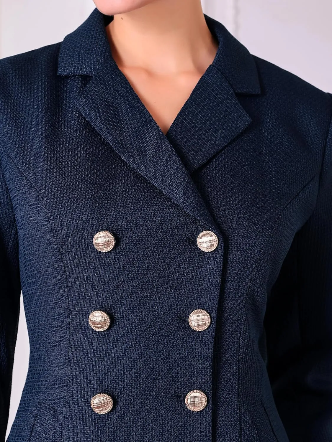 Women's Tweed Blazer Dress Collared Double Breasted A-Line Formal Work Dresses