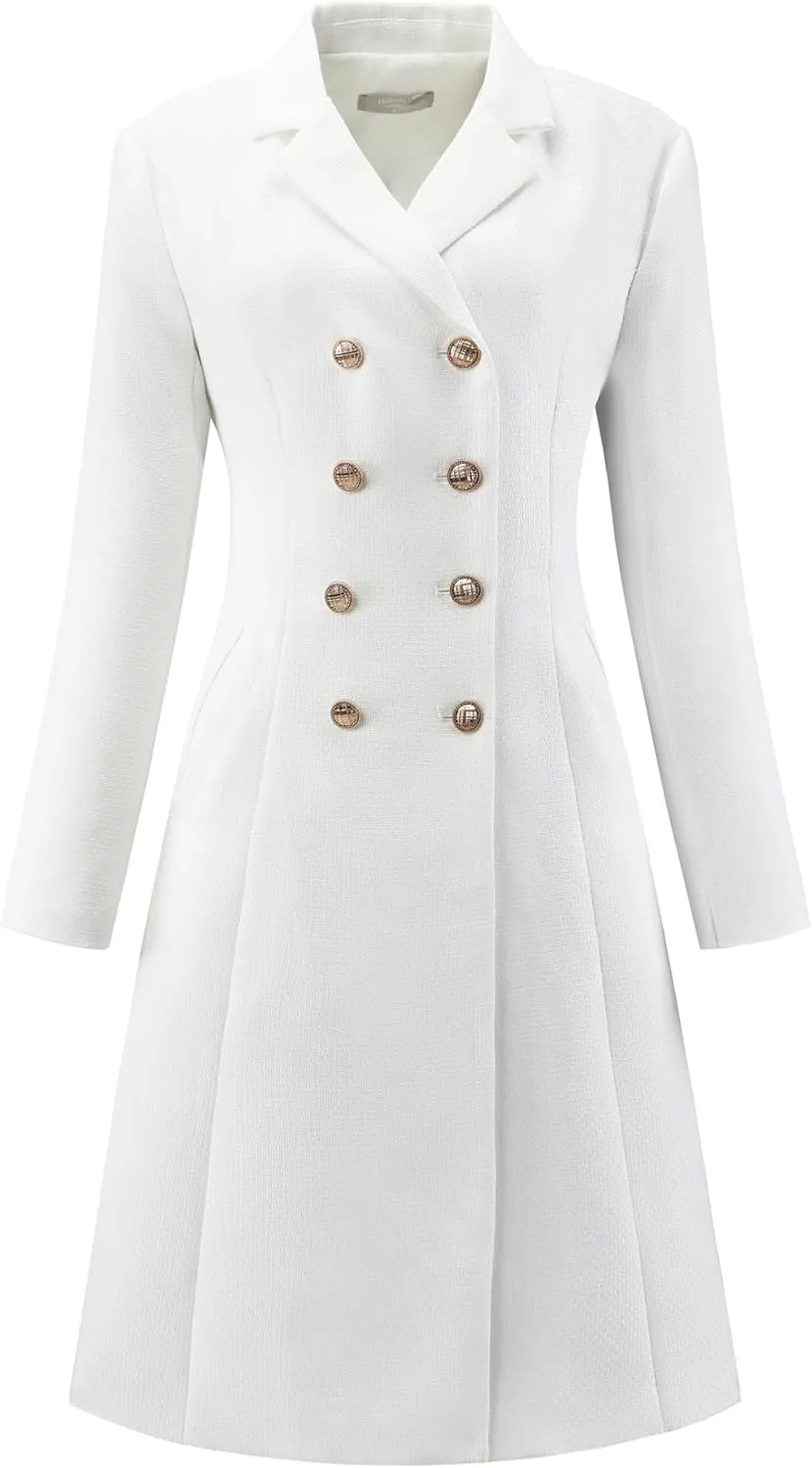 Women's Tweed Blazer Dress Collared Double Breasted A-Line Formal Work Dresses
