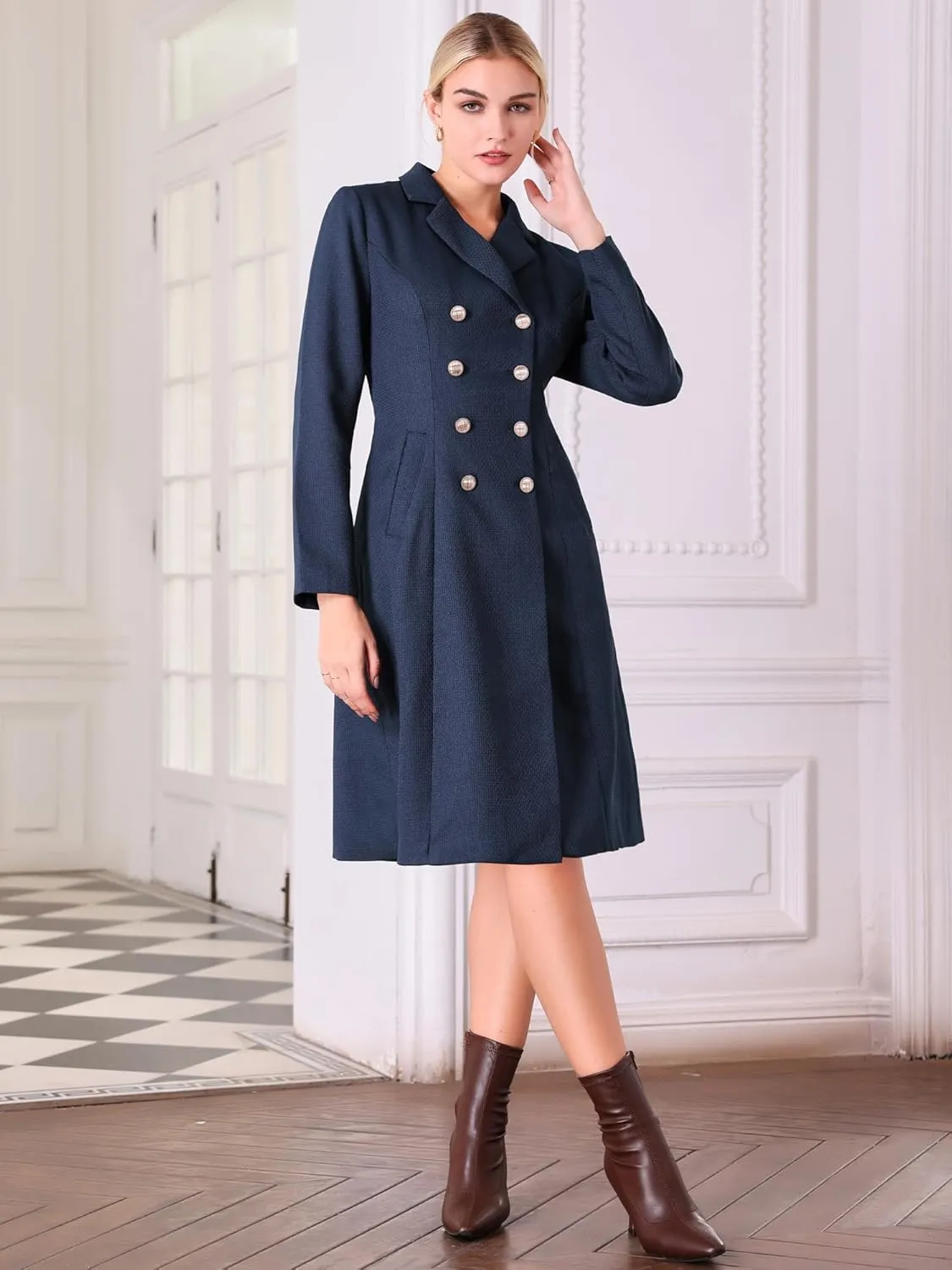 Women's Tweed Blazer Dress Collared Double Breasted A-Line Formal Work Dresses