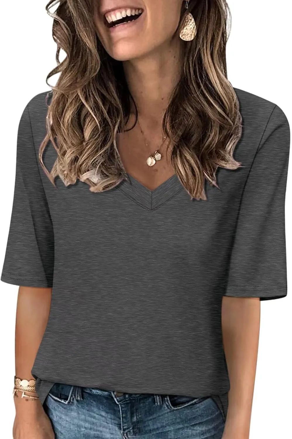 Women's V Neck T Shirts Half Sleeve Tops Casual Solid Summer Tees
