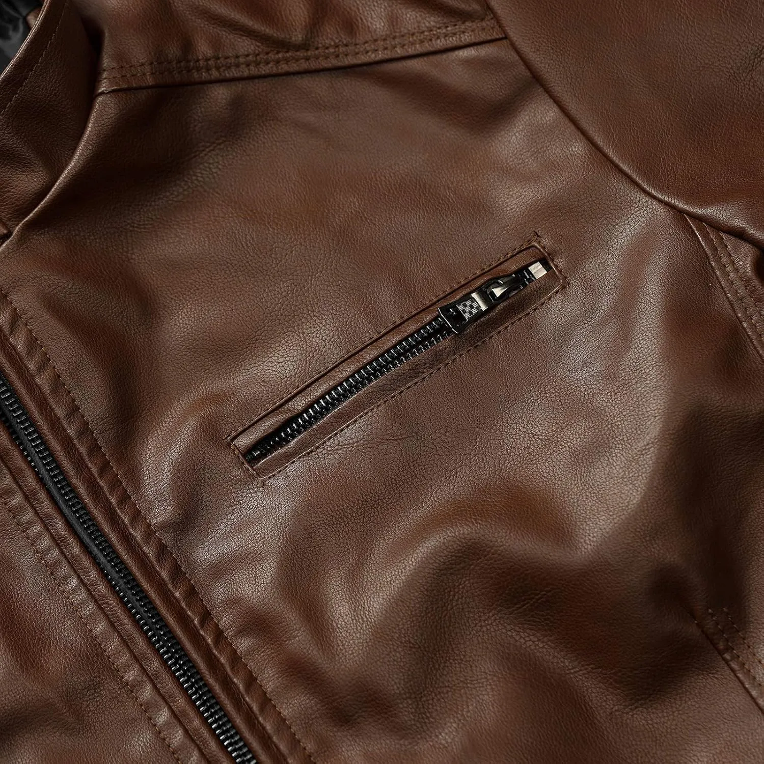 WULFUL Men's Stand Collar Leather Jacket Motorcycle Lightweight Faux Leather Outwear