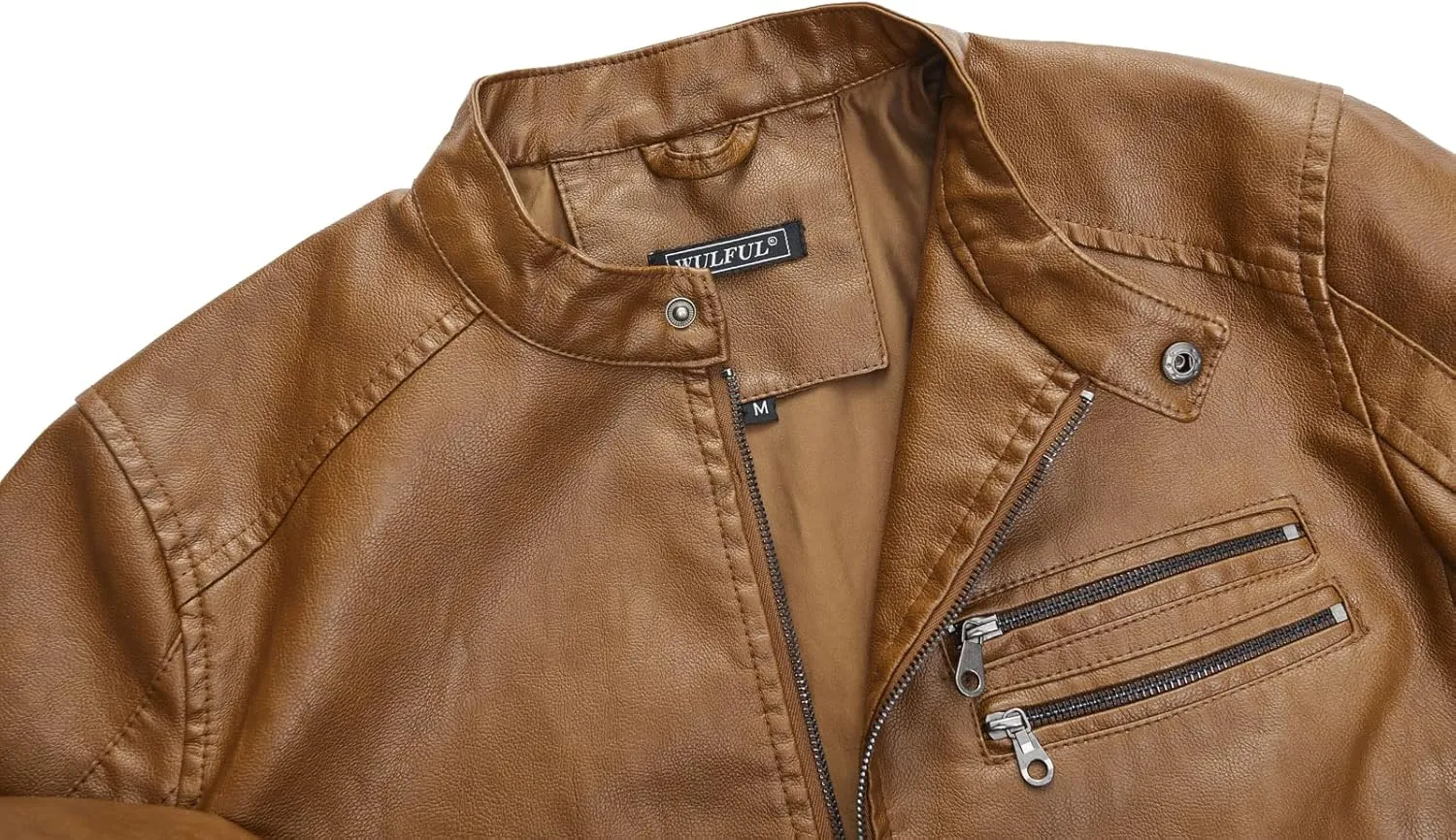 WULFUL Men's Stand Collar Leather Jacket Motorcycle Lightweight Faux Leather Outwear