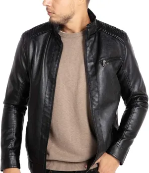 WULFUL Men's Stand Collar Leather Jacket Motorcycle Lightweight Faux Leather Outwear