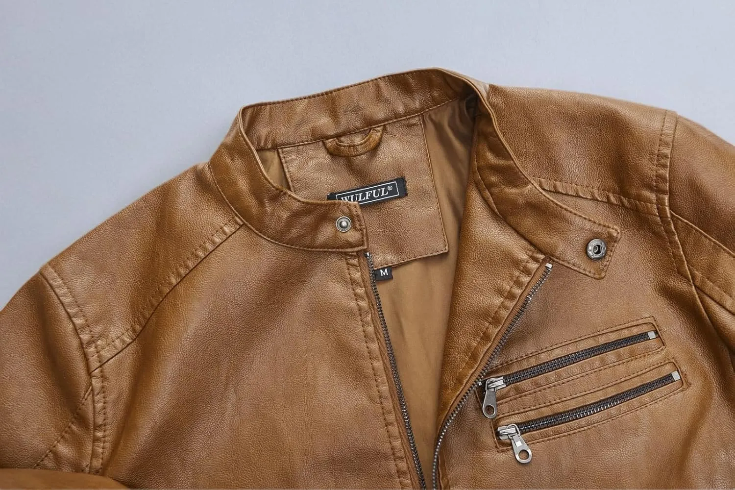WULFUL Men's Stand Collar Leather Jacket Motorcycle Lightweight Faux Leather Outwear