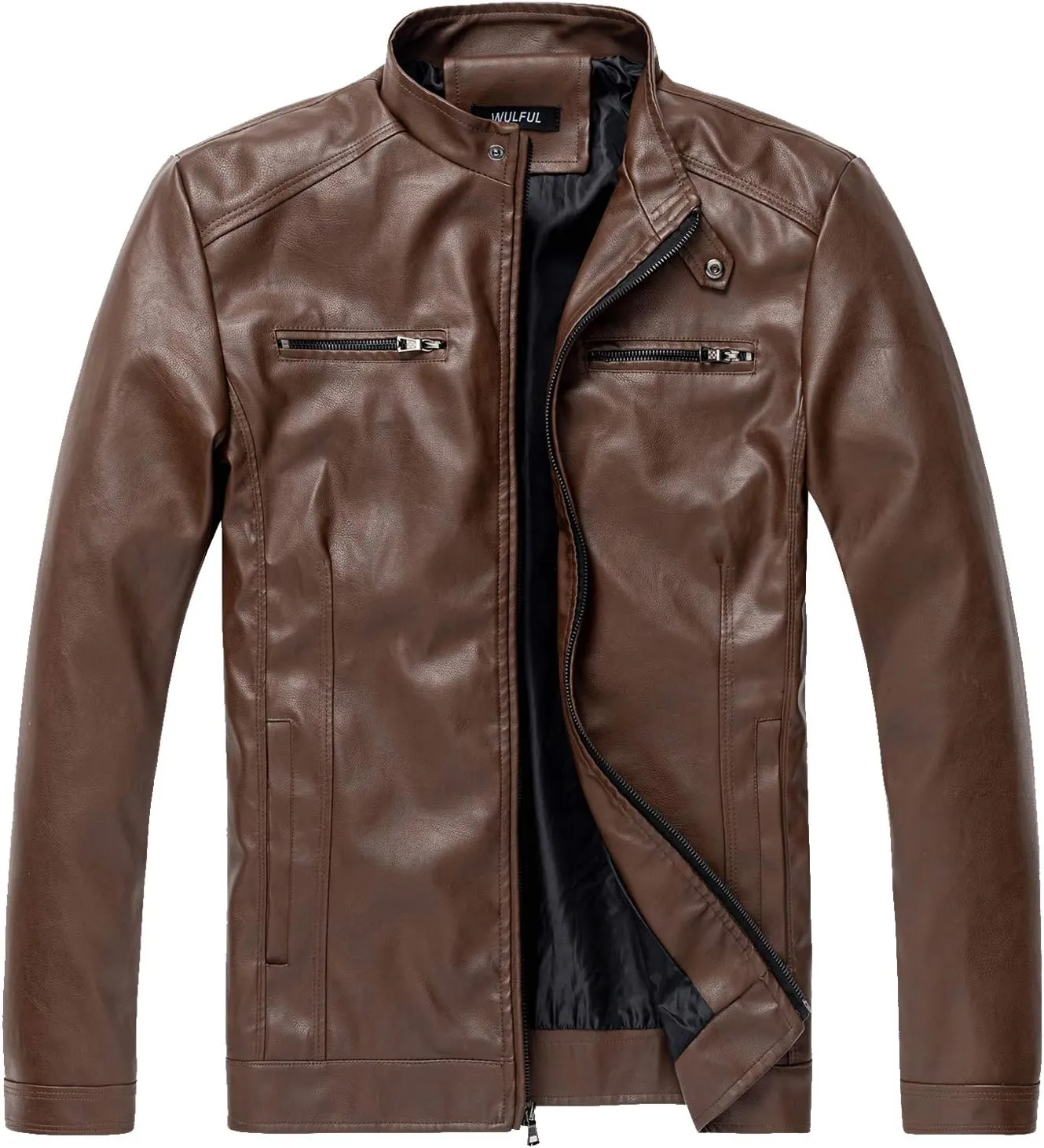 WULFUL Men's Stand Collar Leather Jacket Motorcycle Lightweight Faux Leather Outwear