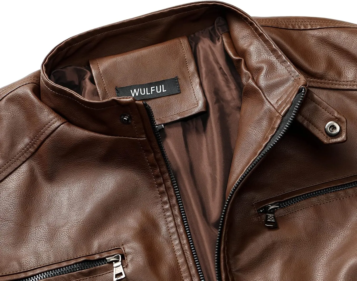 WULFUL Men's Stand Collar Leather Jacket Motorcycle Lightweight Faux Leather Outwear