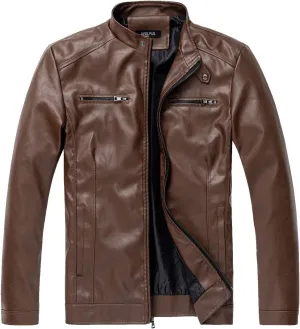 WULFUL Men's Stand Collar Leather Jacket Motorcycle Lightweight Faux Leather Outwear