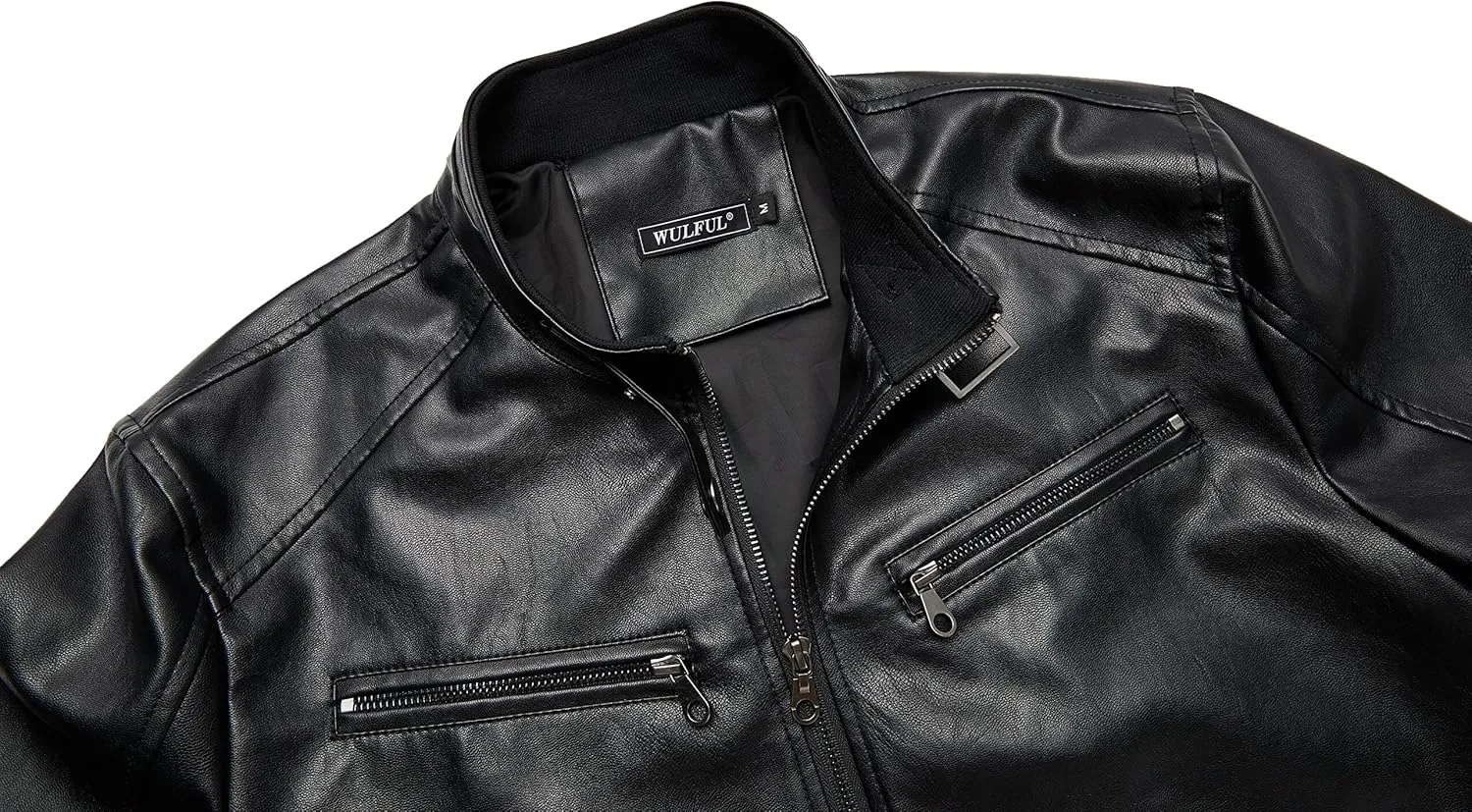 WULFUL Men's Stand Collar Leather Jacket Motorcycle Lightweight Faux Leather Outwear