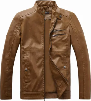 WULFUL Men's Stand Collar Leather Jacket Motorcycle Lightweight Faux Leather Outwear