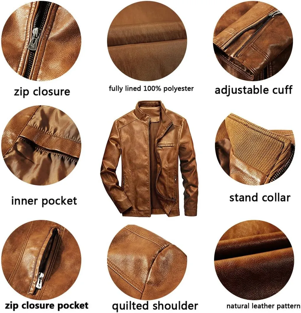 WULFUL Men's Stand Collar Leather Jacket Motorcycle Lightweight Faux Leather Outwear