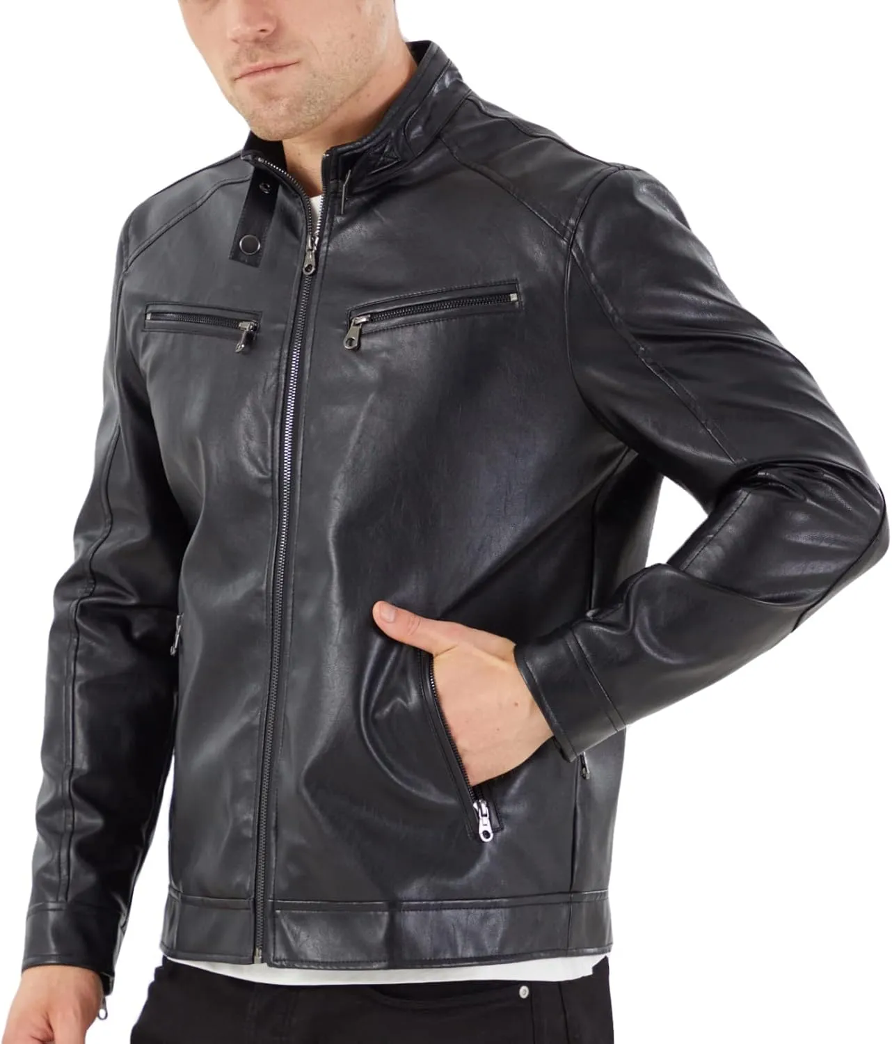 WULFUL Men's Stand Collar Leather Jacket Motorcycle Lightweight Faux Leather Outwear