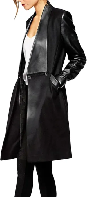 xxxiticat Women's Black Leather Jacket Long Sleeve Lapel Collar Windbreaker Double Breasted PU Leather Trench Blazer Coat