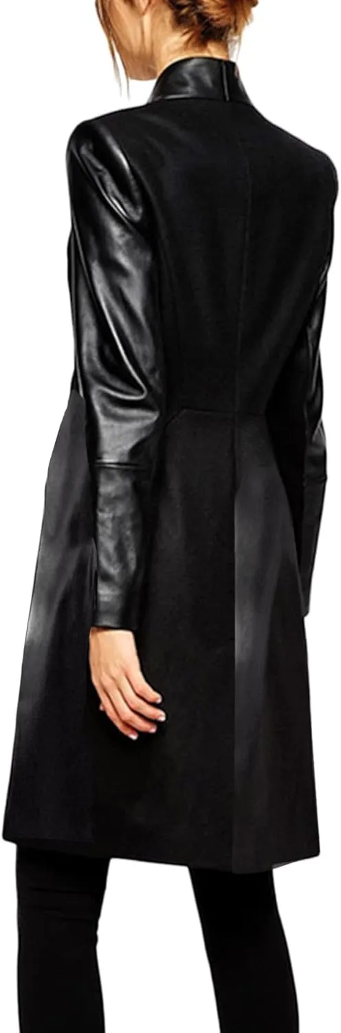 xxxiticat Women's Black Leather Jacket Long Sleeve Lapel Collar Windbreaker Double Breasted PU Leather Trench Blazer Coat