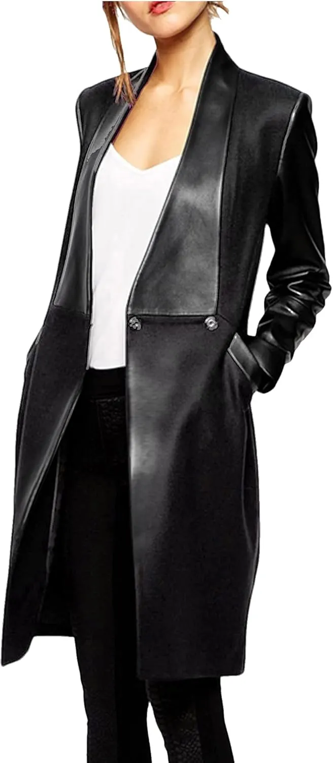 xxxiticat Women's Black Leather Jacket Long Sleeve Lapel Collar Windbreaker Double Breasted PU Leather Trench Blazer Coat