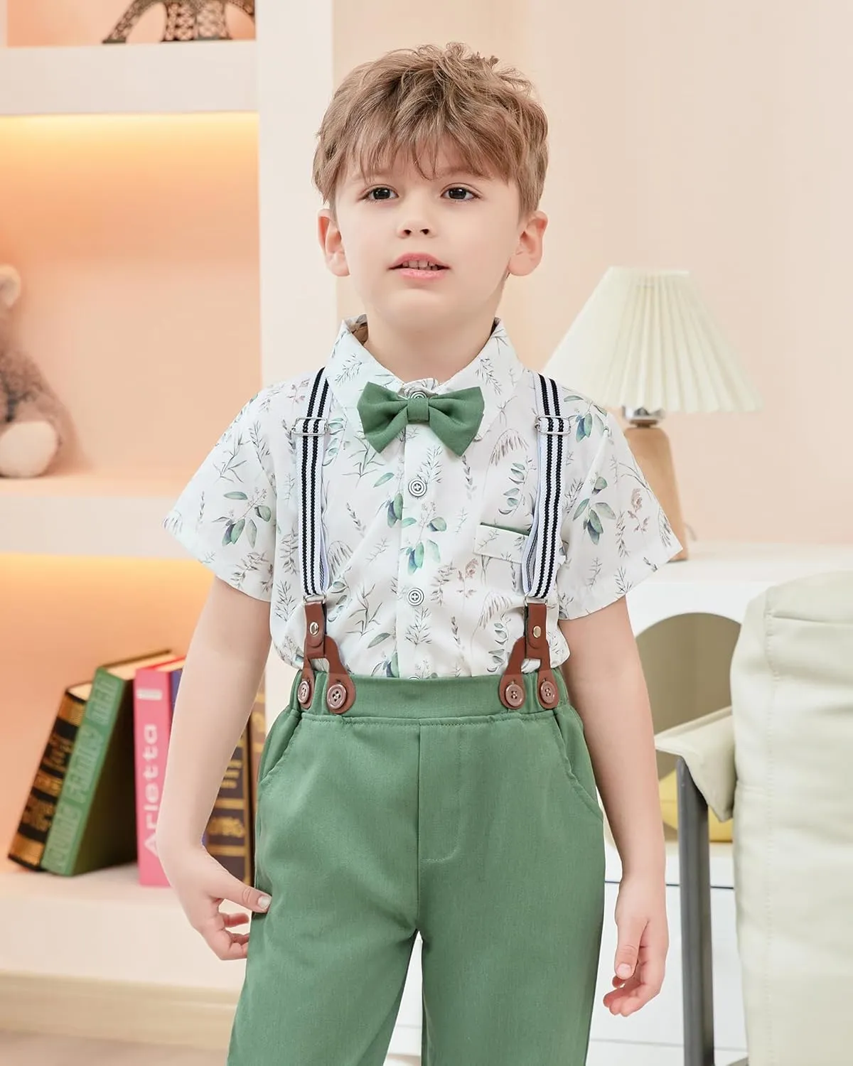 YALLET Boys Button Down Shirts Short Sleeve Wedding Outfits Polka Dot Print Summer Casual Clothes with Bow Tie 5-10T