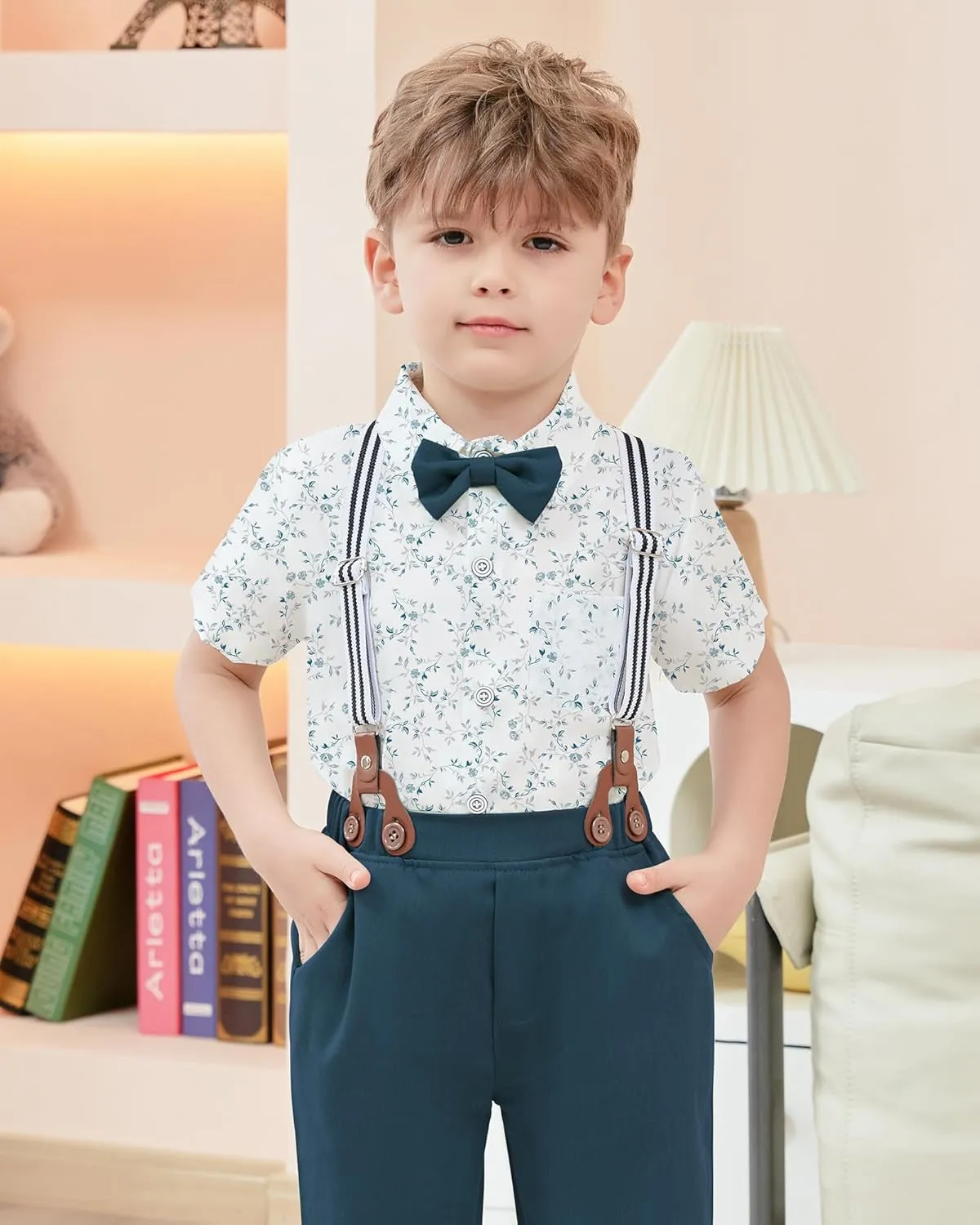 YALLET Boys Button Down Shirts Short Sleeve Wedding Outfits Polka Dot Print Summer Casual Clothes with Bow Tie 5-10T