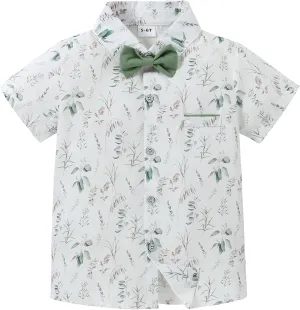 YALLET Boys Button Down Shirts Short Sleeve Wedding Outfits Polka Dot Print Summer Casual Clothes with Bow Tie 5-10T