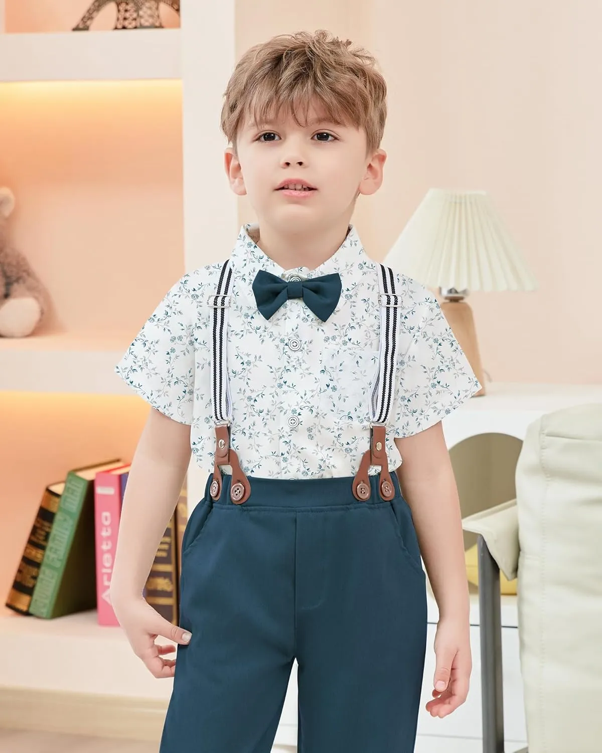 YALLET Boys Button Down Shirts Short Sleeve Wedding Outfits Polka Dot Print Summer Casual Clothes with Bow Tie 5-10T