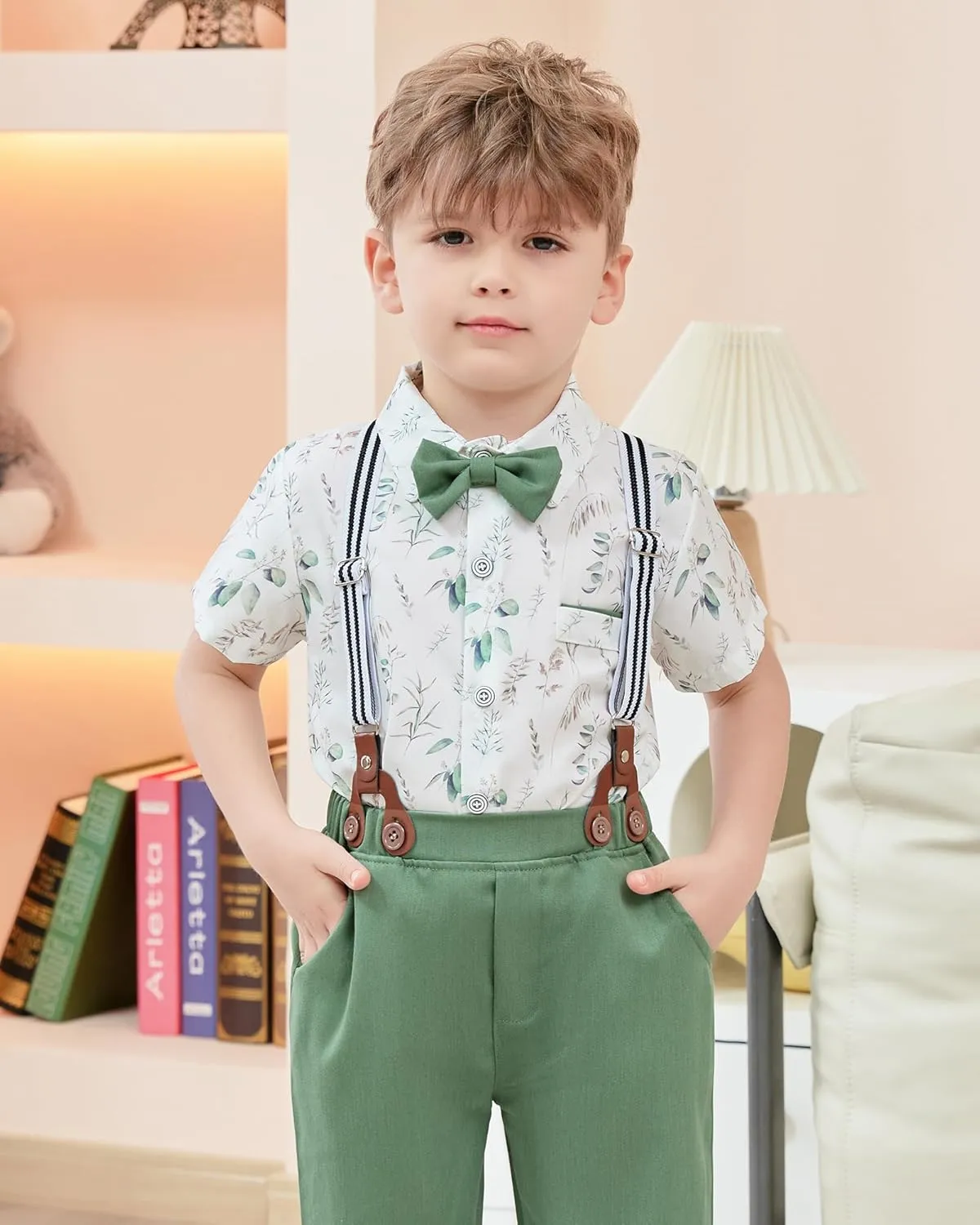 YALLET Boys Button Down Shirts Short Sleeve Wedding Outfits Polka Dot Print Summer Casual Clothes with Bow Tie 5-10T