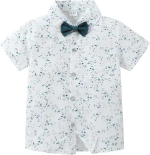 YALLET Boys Button Down Shirts Short Sleeve Wedding Outfits Polka Dot Print Summer Casual Clothes with Bow Tie 5-10T
