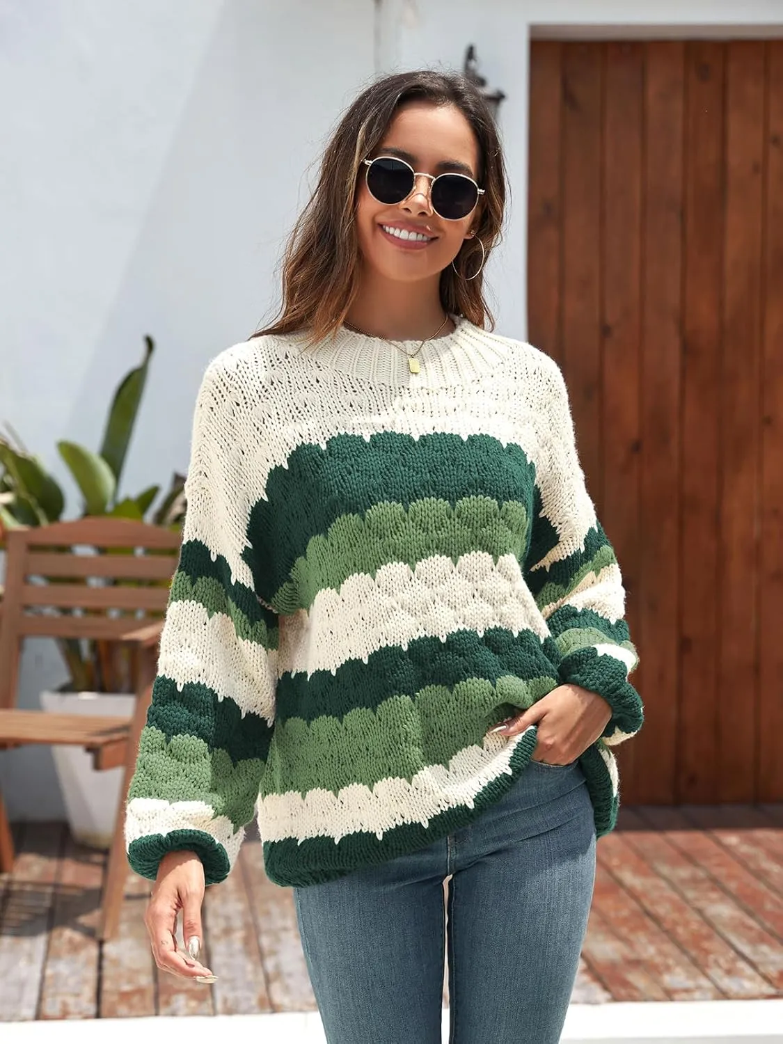 ZAFUL Womens Cute Sweaters Trendy 2024 Color Block Pullover Sweater Cable Knit Jumper Tops