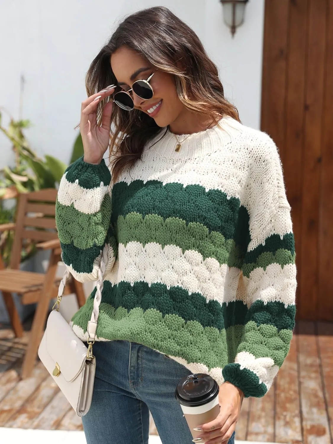 ZAFUL Womens Cute Sweaters Trendy 2024 Color Block Pullover Sweater Cable Knit Jumper Tops