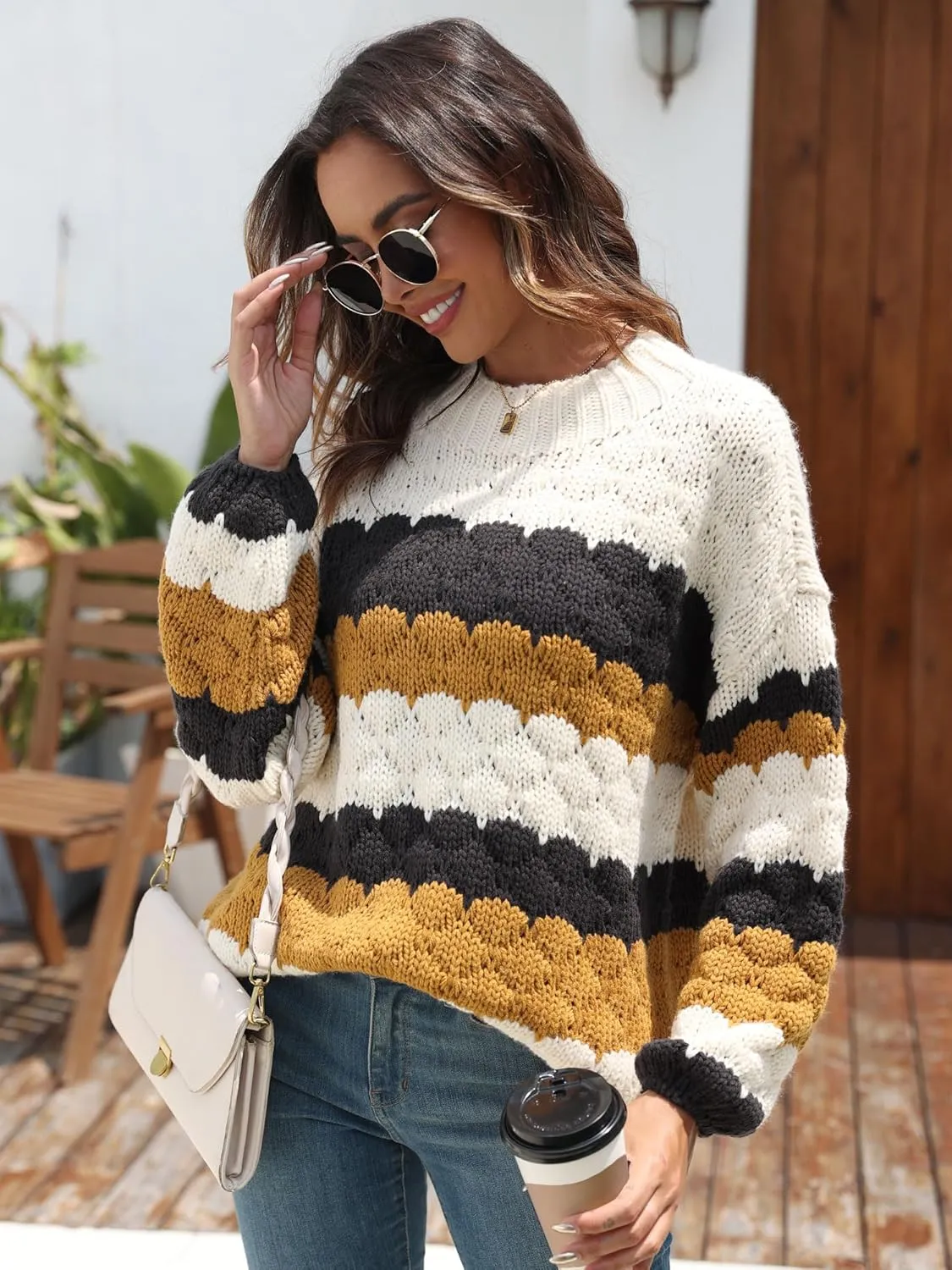 ZAFUL Womens Cute Sweaters Trendy 2024 Color Block Pullover Sweater Cable Knit Jumper Tops