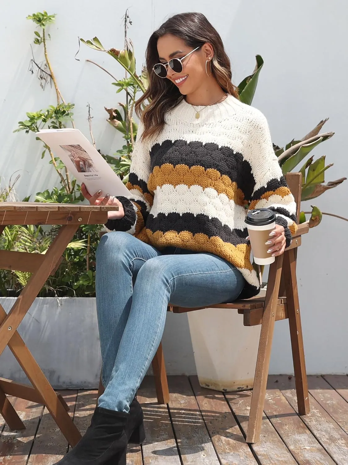 ZAFUL Womens Cute Sweaters Trendy 2024 Color Block Pullover Sweater Cable Knit Jumper Tops