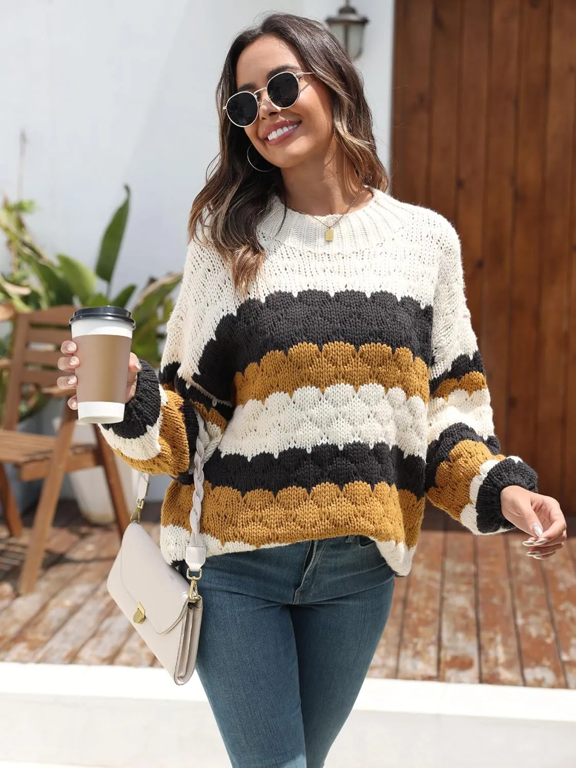 ZAFUL Womens Cute Sweaters Trendy 2024 Color Block Pullover Sweater Cable Knit Jumper Tops
