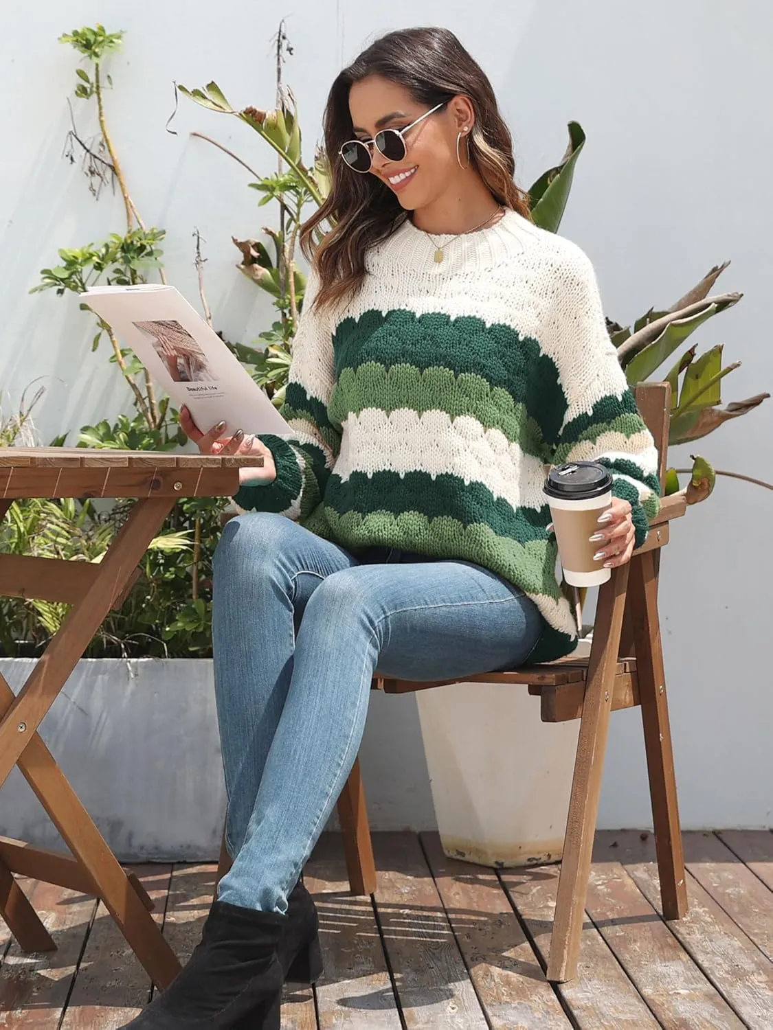ZAFUL Womens Cute Sweaters Trendy 2024 Color Block Pullover Sweater Cable Knit Jumper Tops