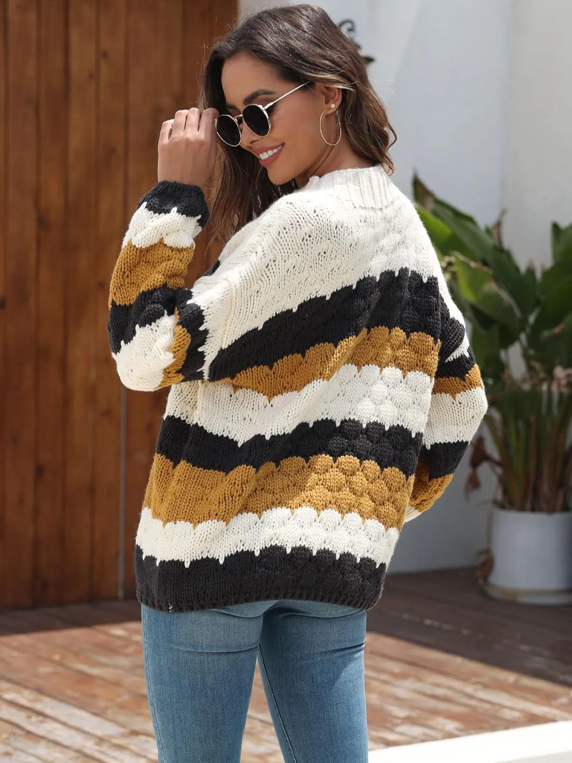 ZAFUL Womens Cute Sweaters Trendy 2024 Color Block Pullover Sweater Cable Knit Jumper Tops